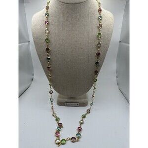 Vintage Gold Plated Multicolored Austrian Crystal Beaded Long Necklace 35”